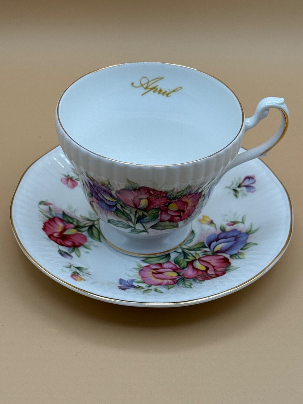 🌸 Royal Dover Flower of the Month Cup & Saucer Ribbed Bone China England APRIL